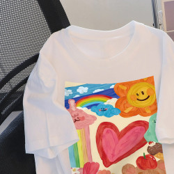 撿漏白色短袖t恤女裝ins潮寬鬆設計感小衆印花甜美韓系上衣小個子