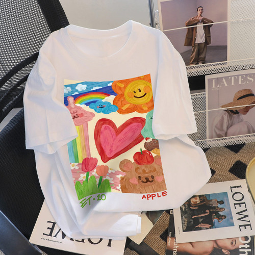 撿漏白色短袖t恤女裝ins潮寬鬆設計感小衆印花甜美韓系上衣小個子