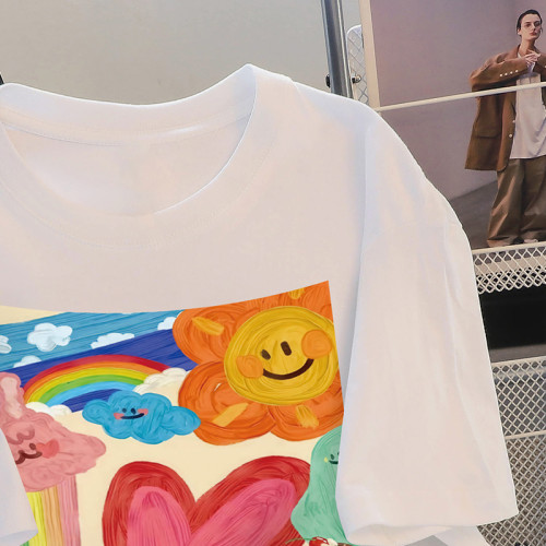 撿漏白色短袖t恤女裝ins潮寬鬆設計感小衆印花甜美韓系上衣小個子