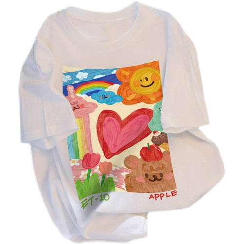 撿漏白色短袖t恤女裝ins潮寬鬆設計感小衆印花甜美韓系上衣小個子