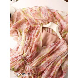 高級真絲連衣裙女夏季新款洋氣質收腰a字顯瘦碎花桑蠶絲中長裙子