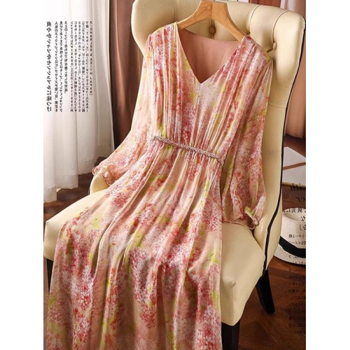 高級真絲連衣裙女夏季新款洋氣質收腰a字顯瘦碎花桑蠶絲中長裙子