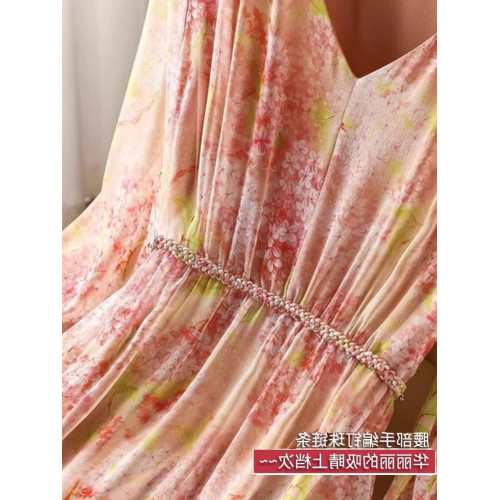 高級真絲連衣裙女夏季新款洋氣質收腰a字顯瘦碎花桑蠶絲中長裙子