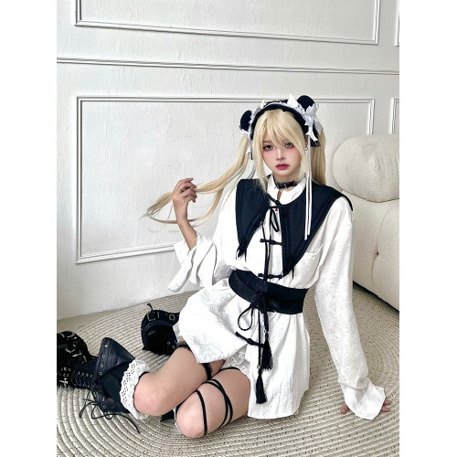 次時代/原創 黑白新中式暗紋少女長短袖寬鬆盤釦腰帶收腰襯衫