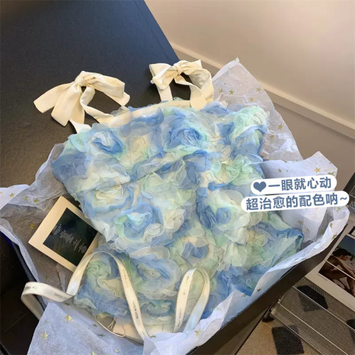 薄荷曼波風小上衣花瓣藍色吊帶小衫女夏季法式甜美超仙氣質抹胸