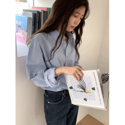 春季新款ins上衣女法式復古藍色襯衫寬鬆打底高級感小衆長袖襯衣