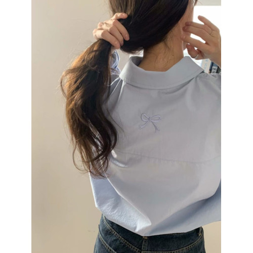 春季新款ins上衣女法式復古藍色襯衫寬鬆打底高級感小衆長袖襯衣