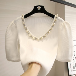 黑色泡泡袖T恤女夏季新款修身顯瘦設計感小衆短袖針織衫V領上衣潮