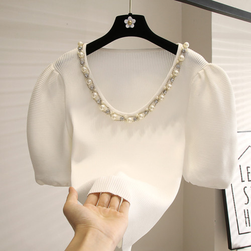 黑色泡泡袖T恤女夏季新款修身顯瘦設計感小衆短袖針織衫V領上衣潮