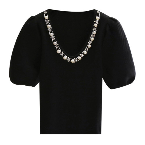 黑色泡泡袖T恤女夏季新款修身顯瘦設計感小衆短袖針織衫V領上衣潮