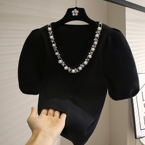 黑色泡泡袖T恤女夏季新款修身顯瘦設計感小衆短袖針織衫V領上衣潮