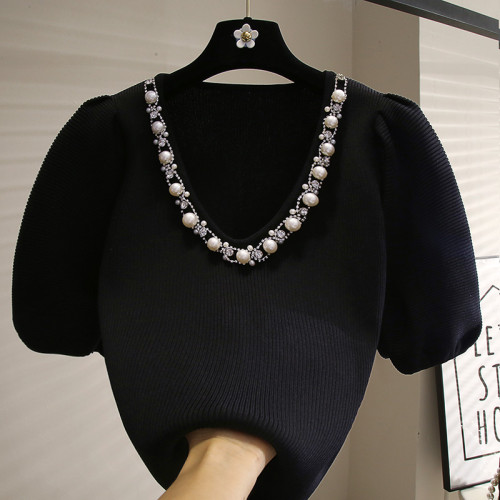 黑色泡泡袖T恤女夏季新款修身顯瘦設計感小衆短袖針織衫V領上衣潮