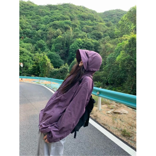 美式戶外UPF50+紫色連帽防曬沖鋒衣女夏季工裝輕薄皮膚衣外套男潮