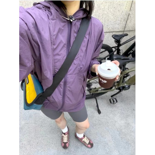 美式戶外UPF50+紫色連帽防曬沖鋒衣女夏季工裝輕薄皮膚衣外套男潮