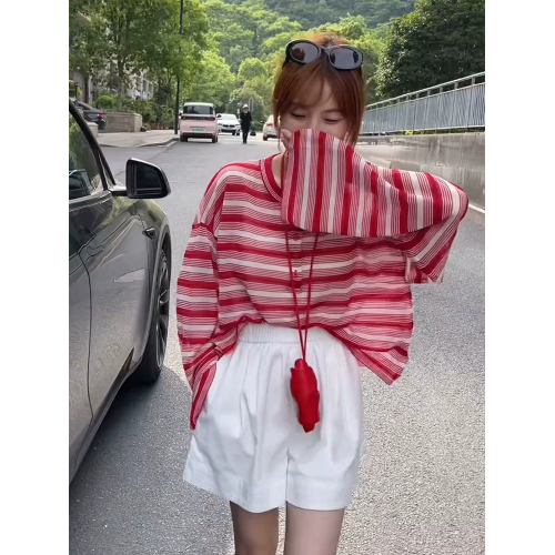 慵懶松弛感薄款條紋長袖t恤女早秋寬鬆短款外搭防曬冰絲罩衫上衣