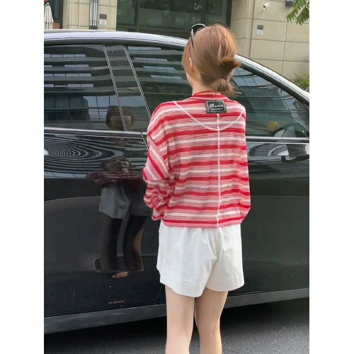 慵懶松弛感薄款條紋長袖t恤女早秋寬鬆短款外搭防曬冰絲罩衫上衣