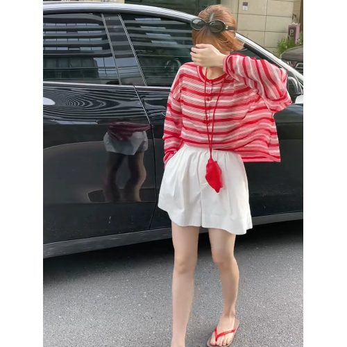 慵懶松弛感薄款條紋長袖t恤女早秋寬鬆短款外搭防曬冰絲罩衫上衣