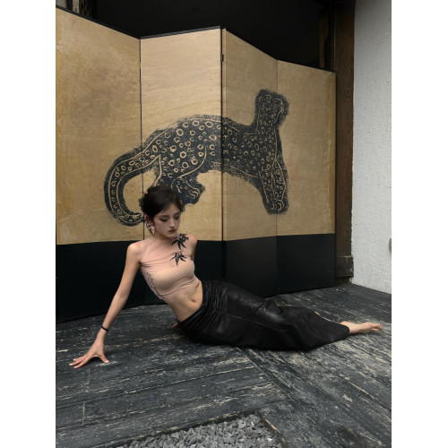 新中式國風竹子印花掛脖背心女高級感修身無袖打底上衣