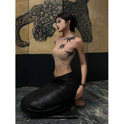 新中式國風竹子印花掛脖背心女高級感修身無袖打底上衣