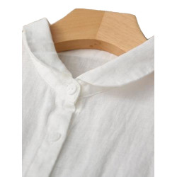 日韓出口剪標純亞麻短袖上衣立領寬鬆百搭設計感文藝棉麻襯衫