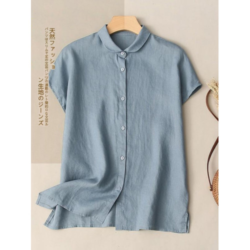 日韓出口剪標純亞麻短袖上衣立領寬鬆百搭設計感文藝棉麻襯衫