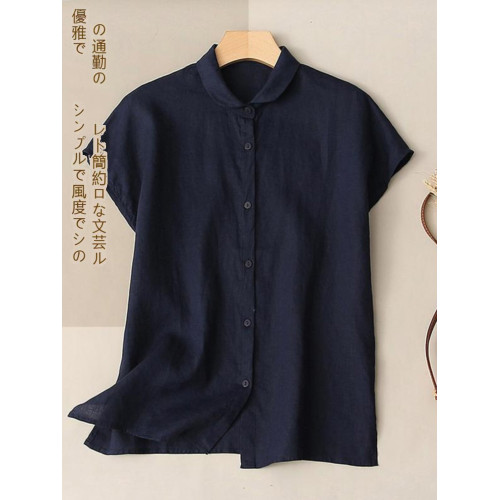 日韓出口剪標純亞麻短袖上衣立領寬鬆百搭設計感文藝棉麻襯衫