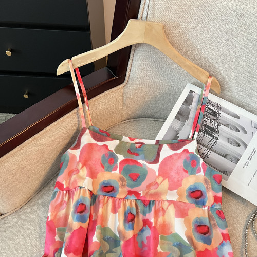 撿漏復古油畫碎花吊帶連衣裙女夏季法式寬鬆顯瘦海邊度假風長裙子