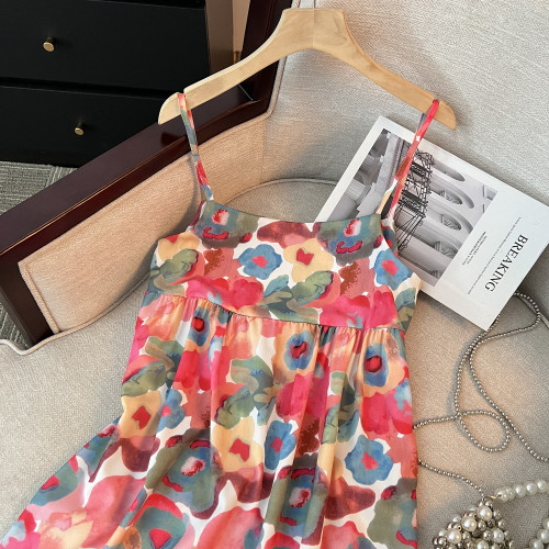 撿漏復古油畫碎花吊帶連衣裙女夏季法式寬鬆顯瘦海邊度假風長裙子