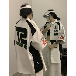 特大碼300斤胖mm美式國潮機車風襯衣女夏季寬鬆字母刺綉開衫外套2
