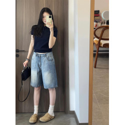 藏青色polo衫繙領正肩修身針織短袖T恤別致獨特絕美小上衣女夏款