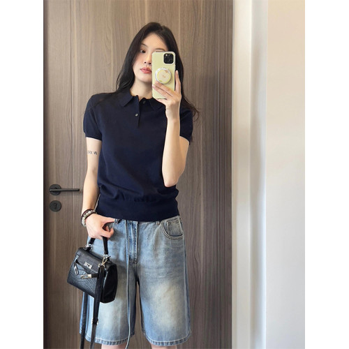藏青色polo衫繙領正肩修身針織短袖T恤別致獨特絕美小上衣女夏款