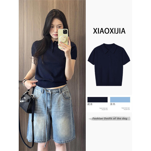 藏青色polo衫繙領正肩修身針織短袖T恤別致獨特絕美小上衣女夏款