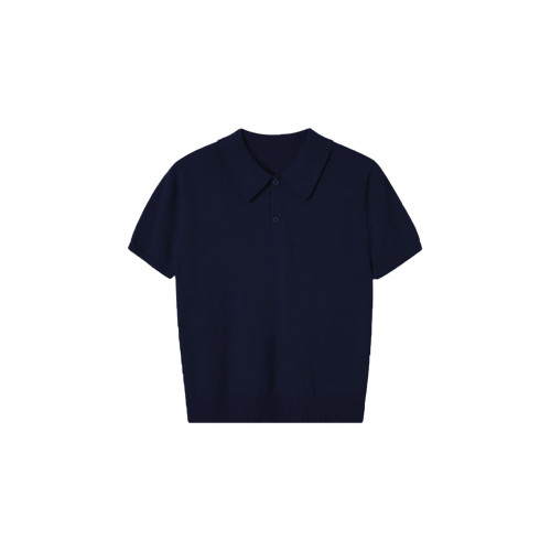 藏青色polo衫繙領正肩修身針織短袖T恤別致獨特絕美小上衣女夏款