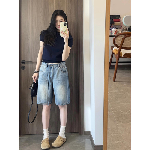 藏青色polo衫繙領正肩修身針織短袖T恤別致獨特絕美小上衣女夏款