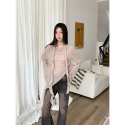 BaiYaShan/白婭衫 廢土風蕩領飄帶針織上衣女休閒百搭長袖防曬衣