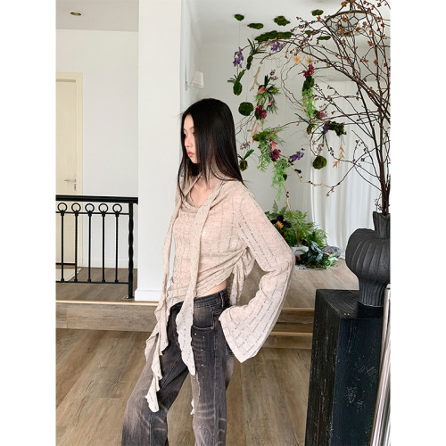 BaiYaShan/白婭衫 廢土風蕩領飄帶針織上衣女休閒百搭長袖防曬衣