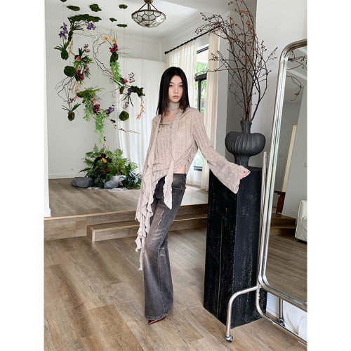 BaiYaShan/白婭衫 廢土風蕩領飄帶針織上衣女休閒百搭長袖防曬衣