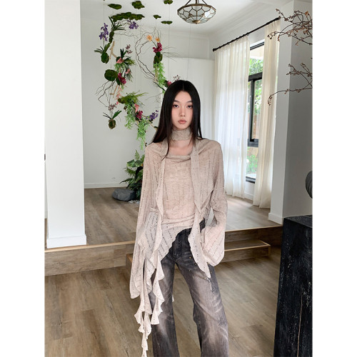 BaiYaShan/白婭衫 廢土風蕩領飄帶針織上衣女休閒百搭長袖防曬衣