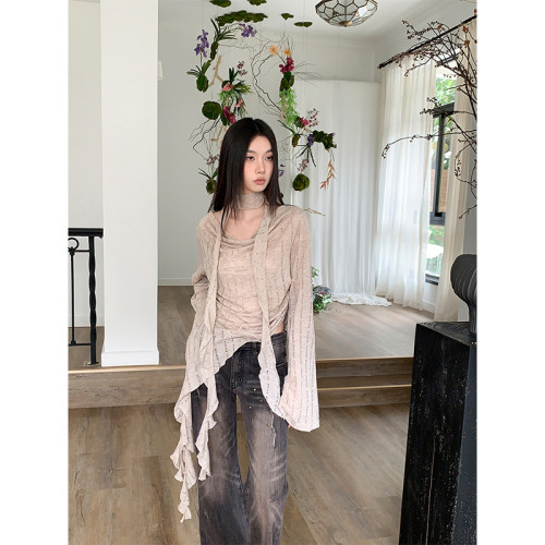 BaiYaShan/白婭衫 廢土風蕩領飄帶針織上衣女休閒百搭長袖防曬衣