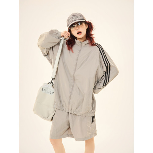 美式夏季戶外輕薄防曬衣套裝男女寬鬆情侶條紋休閒運動防曬服外套