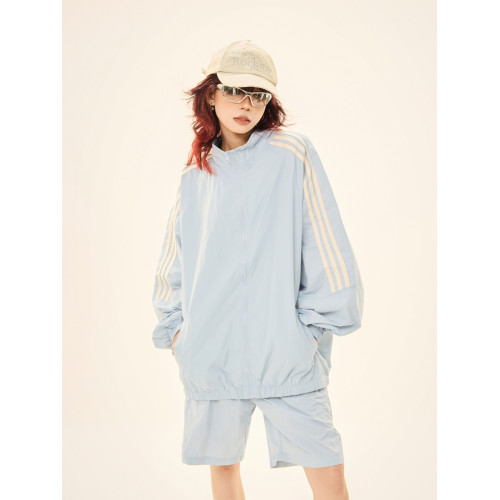 美式夏季戶外輕薄防曬衣套裝男女寬鬆情侶條紋休閒運動防曬服外套