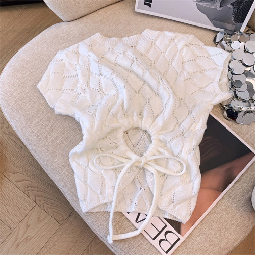 專櫃撤廻剪標後背系帶鏤空菱格短袖針織衫女夏季新款氣質顯瘦上衣