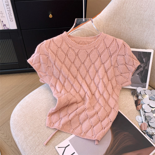 專櫃撤廻剪標後背系帶鏤空菱格短袖針織衫女夏季新款氣質顯瘦上衣