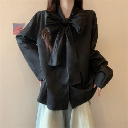 大碼法式休閒襯衫女2025新款秋季蝴蝶結白色襯衣胖MM遮肉顯瘦上衣