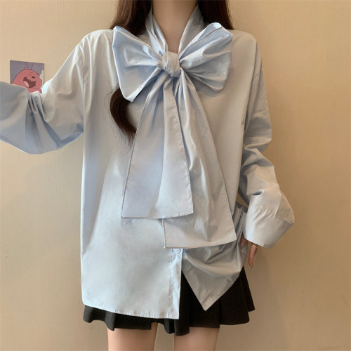 大碼法式休閒襯衫女2025新款秋季蝴蝶結白色襯衣胖MM遮肉顯瘦上衣