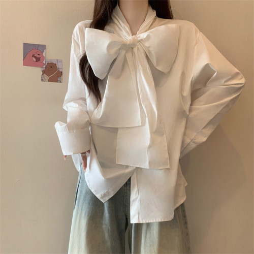 大碼法式休閒襯衫女2025新款秋季蝴蝶結白色襯衣胖MM遮肉顯瘦上衣