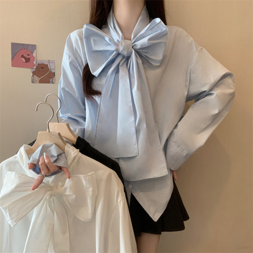 大碼法式休閒襯衫女2025新款秋季蝴蝶結白色襯衣胖MM遮肉顯瘦上衣