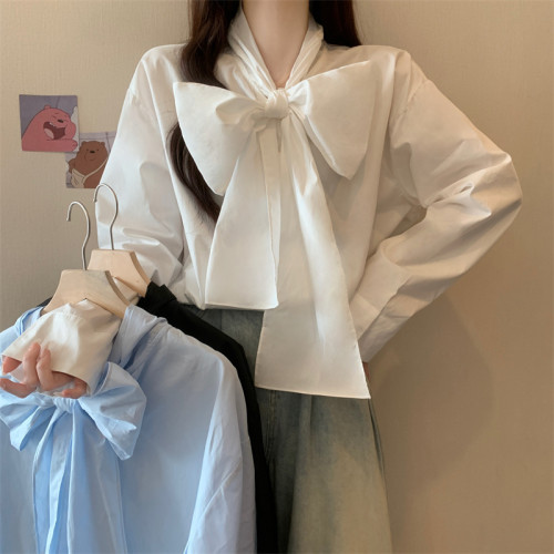 大碼法式休閒襯衫女2025新款秋季蝴蝶結白色襯衣胖MM遮肉顯瘦上衣