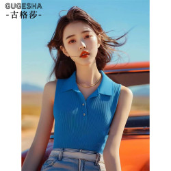 藍色無袖針織背心女士夏季新款法式polo領甜辣小上衣修身顯瘦小衫