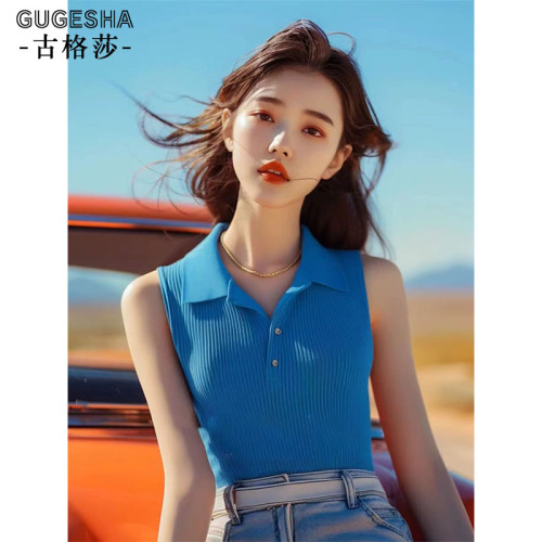 藍色無袖針織背心女士夏季新款法式polo領甜辣小上衣修身顯瘦小衫
